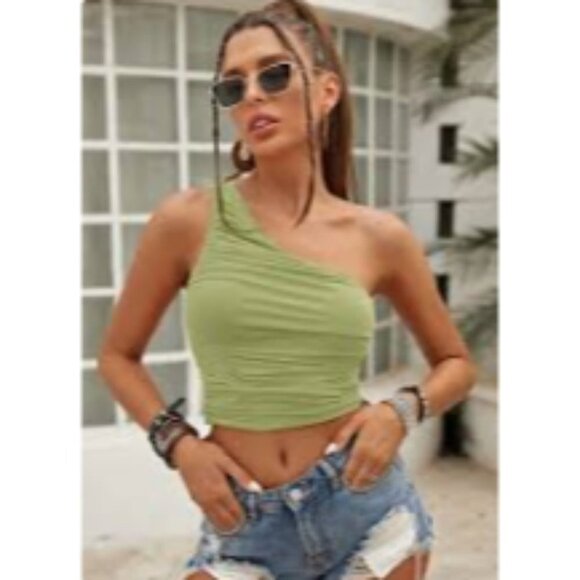 Garage Lime Green 1 Shoulder Tie Waist Ribbed Crop Top size XS - Picture 1 of 16